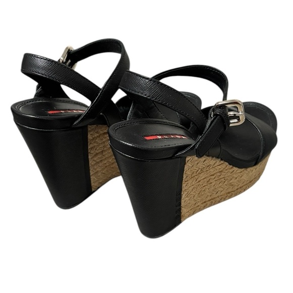 PRADA - SIZE 36EU / 6 US - BLACK LEATHER PLATFORM WEDGE ANKLE SANDALS - S6 - Picture 3 of 14